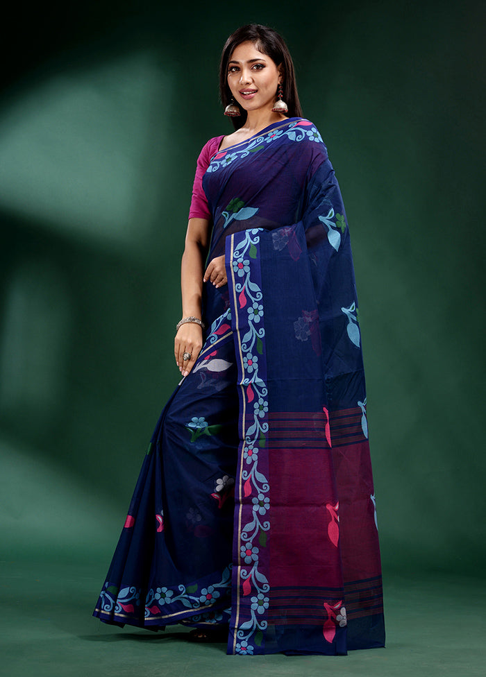 Blue Pure Cotton Saree With Blouse Piece - Indian Silk House Agencies