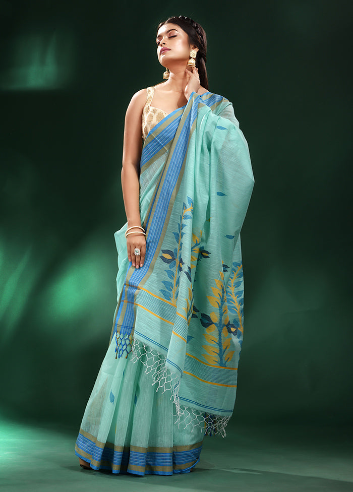 Sea Green Pure Cotton Saree With Blouse Piece - Indian Silk House Agencies