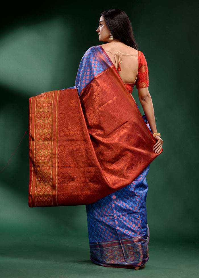 Blue Dupion Silk Saree With Blouse Piece - Indian Silk House Agencies