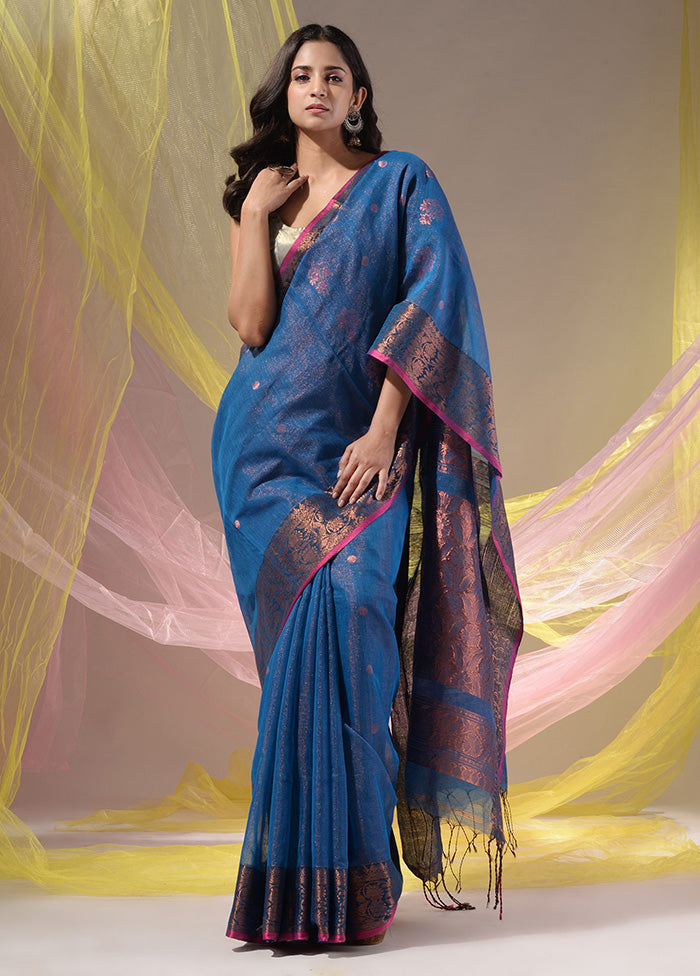 Blue Pure Cotton Saree With Blouse Piece - Indian Silk House Agencies