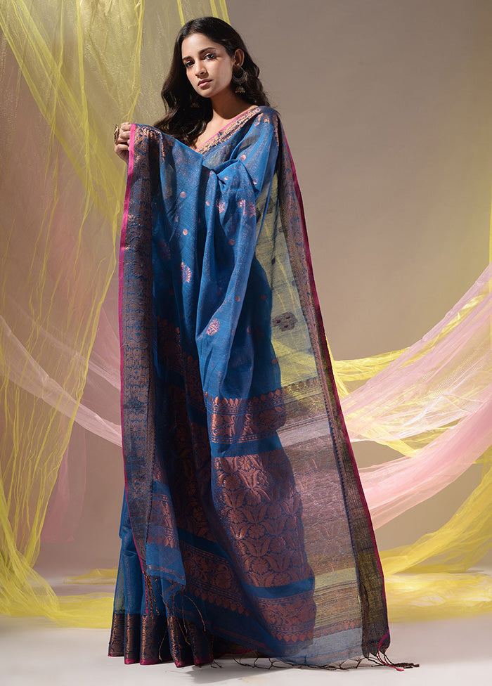 Blue Pure Cotton Saree With Blouse Piece - Indian Silk House Agencies