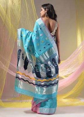 Blue Pure Cotton Saree With Blouse Piece - Indian Silk House Agencies