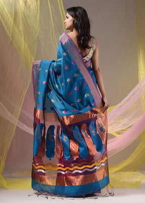 Blue Pure Cotton Saree With Blouse Piece - Indian Silk House Agencies