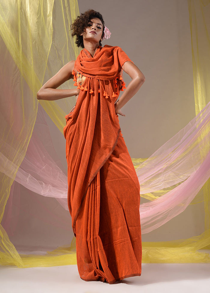 Orange Pure Cotton Saree With Blouse Piece - Indian Silk House Agencies