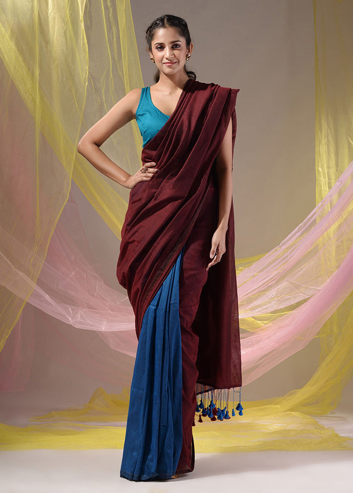 Maroon Pure Cotton Saree With Blouse Piece - Indian Silk House Agencies