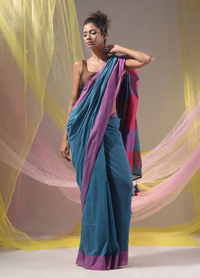 Blue Pure Cotton Saree With Blouse Piece - Indian Silk House Agencies