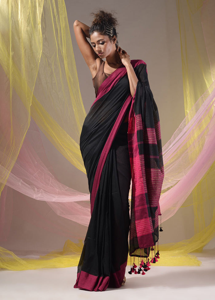 Black Pure Cotton Saree With Blouse Piece - Indian Silk House Agencies