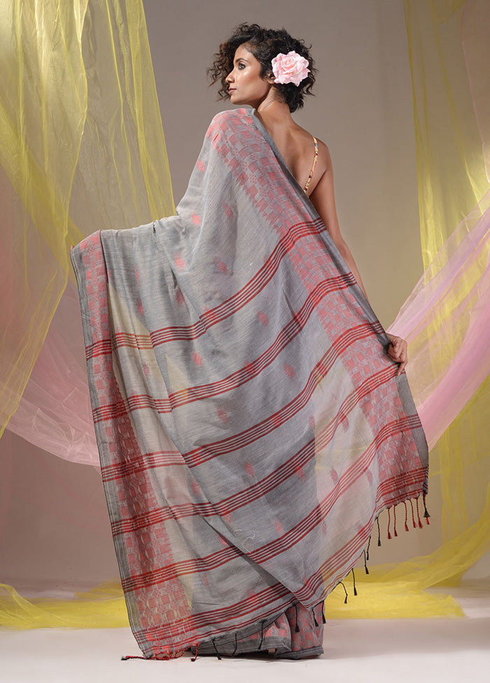 Grey Pure Cotton Saree With Blouse Piece - Indian Silk House Agencies