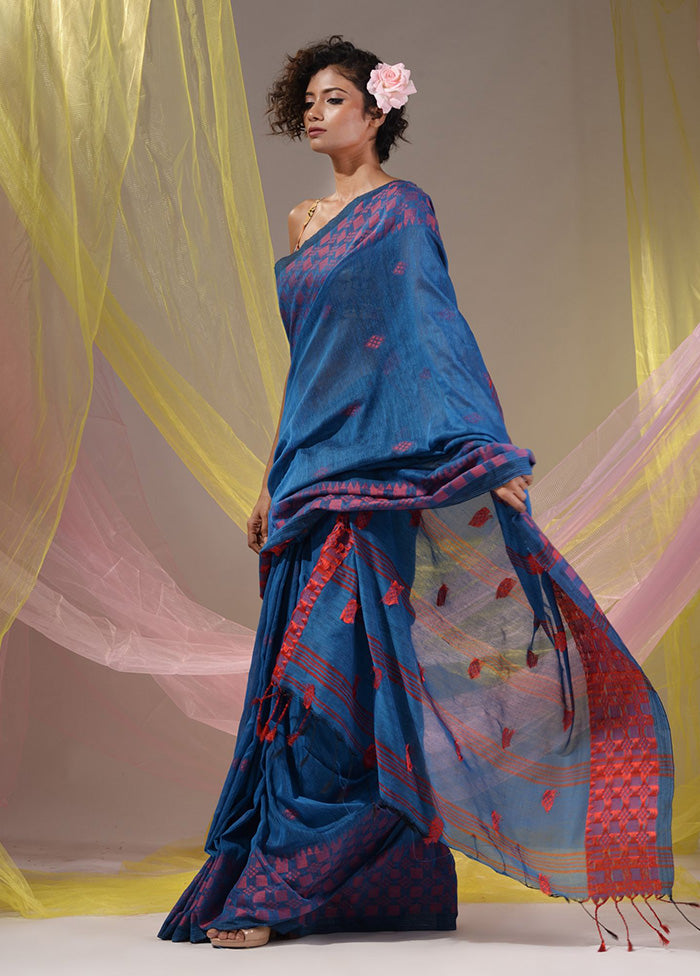 Blue Pure Cotton Saree With Blouse Piece - Indian Silk House Agencies