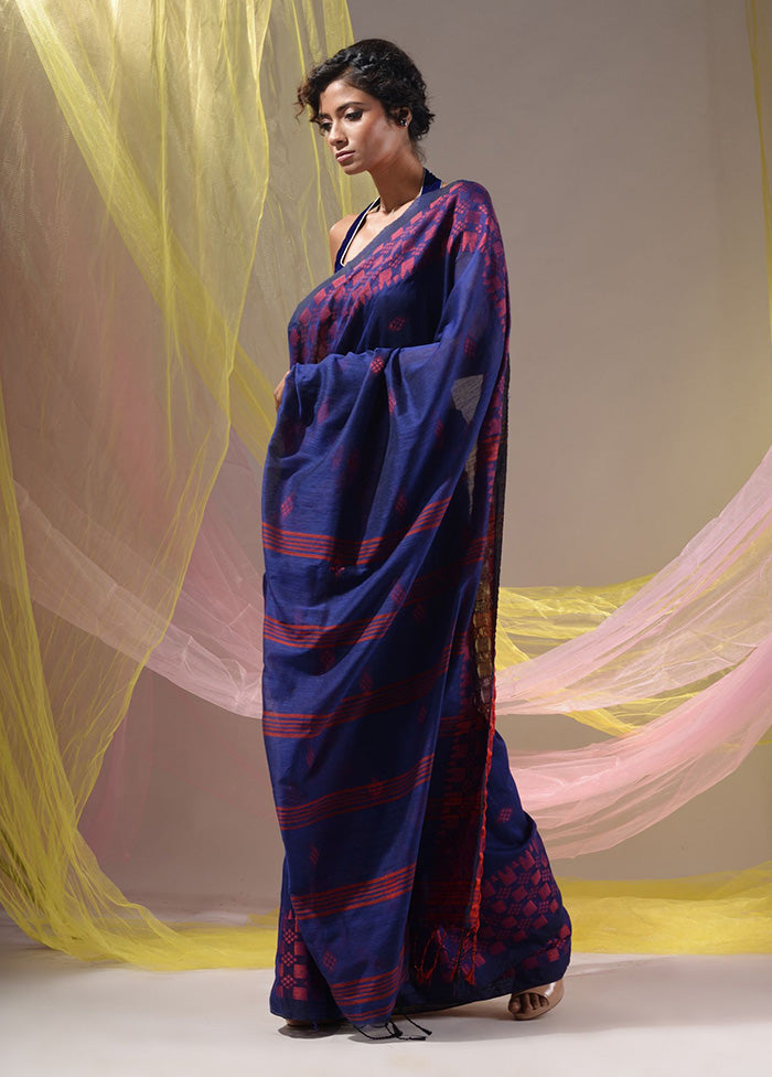 Blue Pure Cotton Saree With Blouse Piece - Indian Silk House Agencies