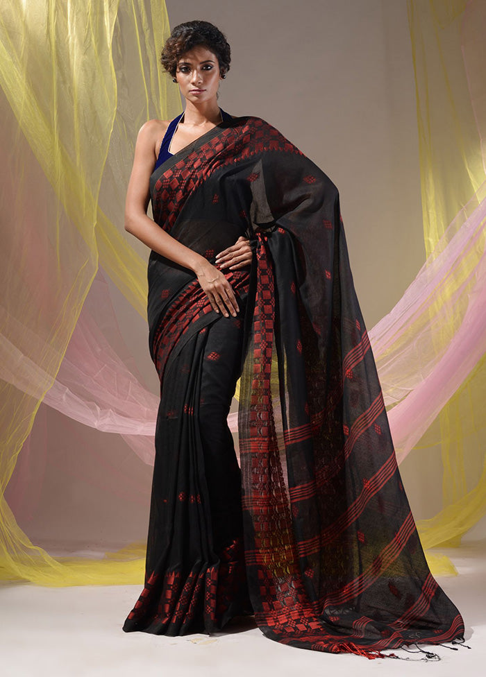 Black Pure Cotton Saree With Blouse Piece - Indian Silk House Agencies