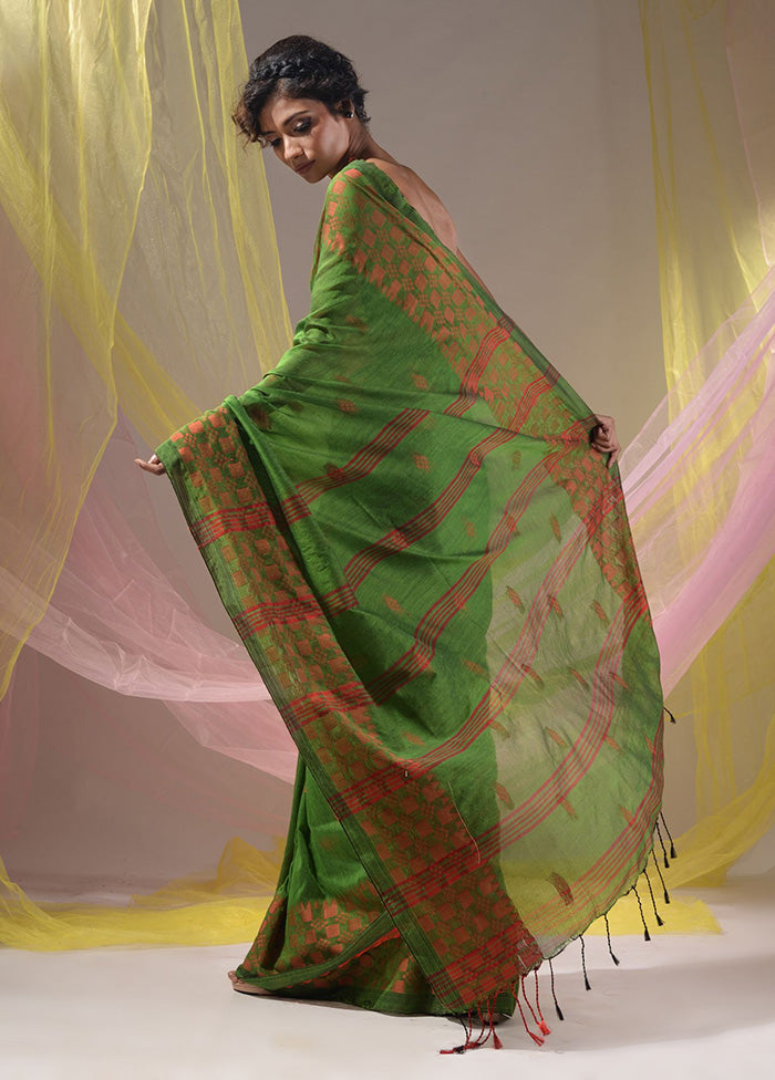 Green Pure Cotton Saree With Blouse Piece - Indian Silk House Agencies