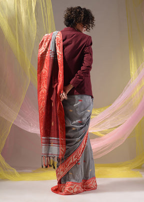 Grey Pure Cotton Saree With Blouse Piece - Indian Silk House Agencies