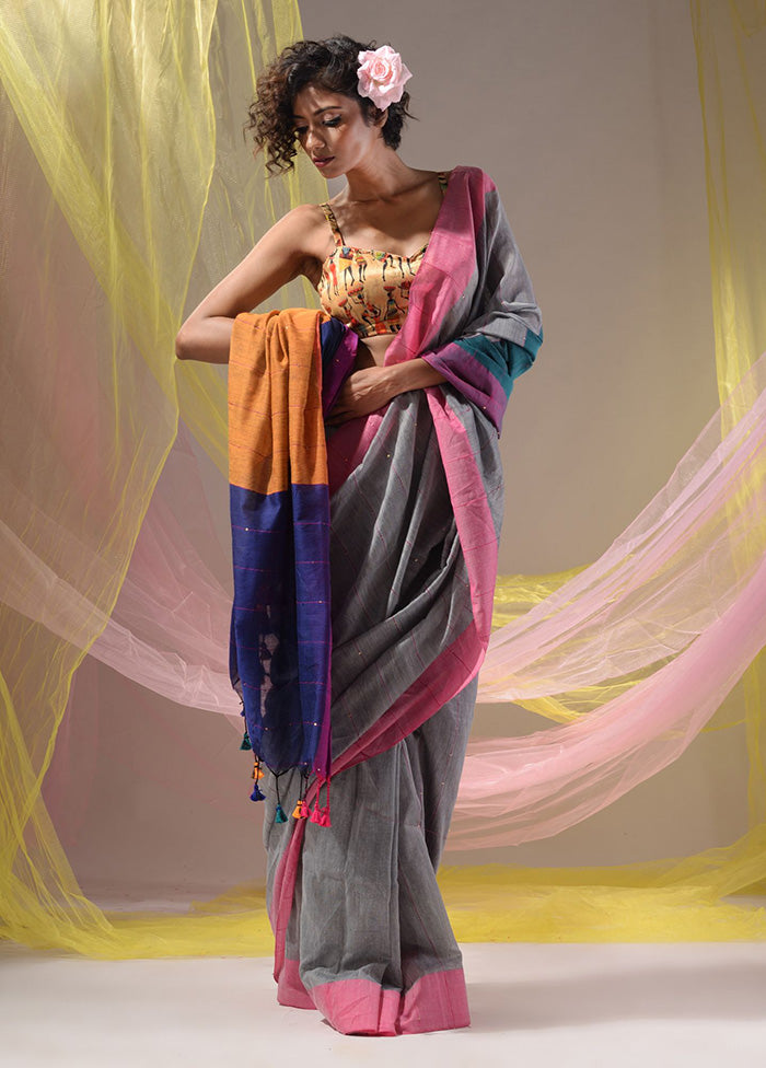 Grey Pure Cotton Saree With Blouse Piece - Indian Silk House Agencies