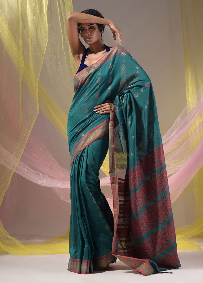 Teal Spun Silk Saree With Blouse Piece - Indian Silk House Agencies