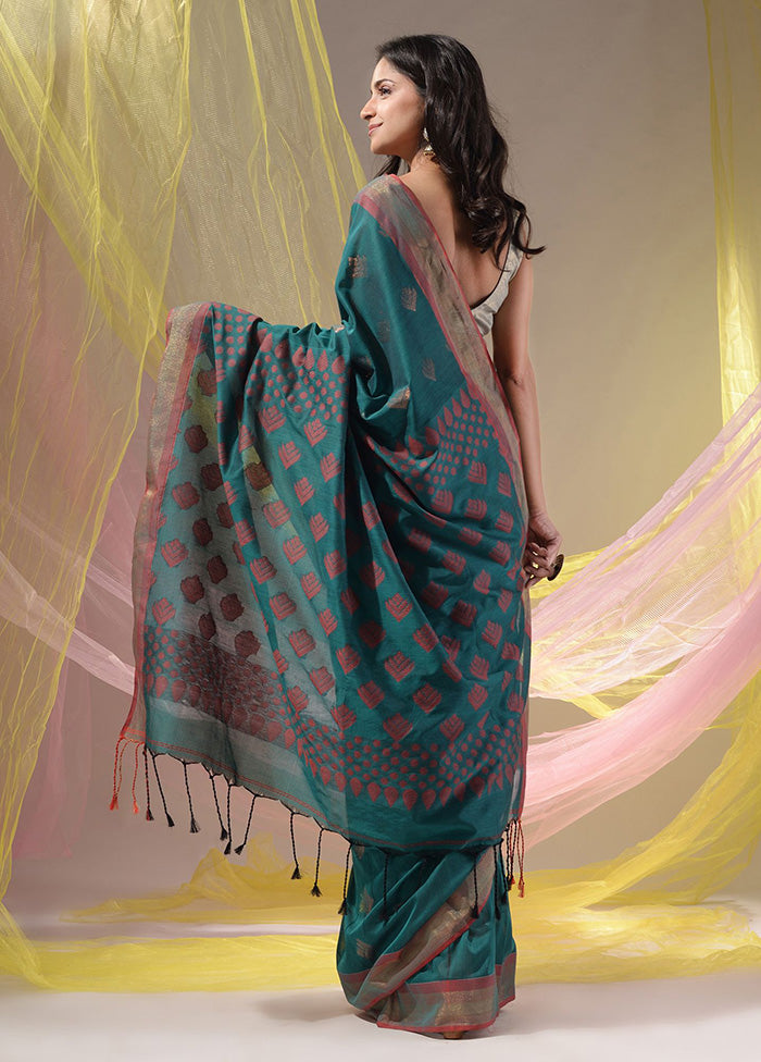 Teal Spun Silk Saree With Blouse Piece - Indian Silk House Agencies