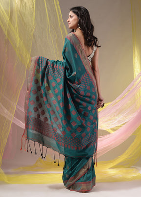 Teal Spun Silk Saree With Blouse Piece - Indian Silk House Agencies