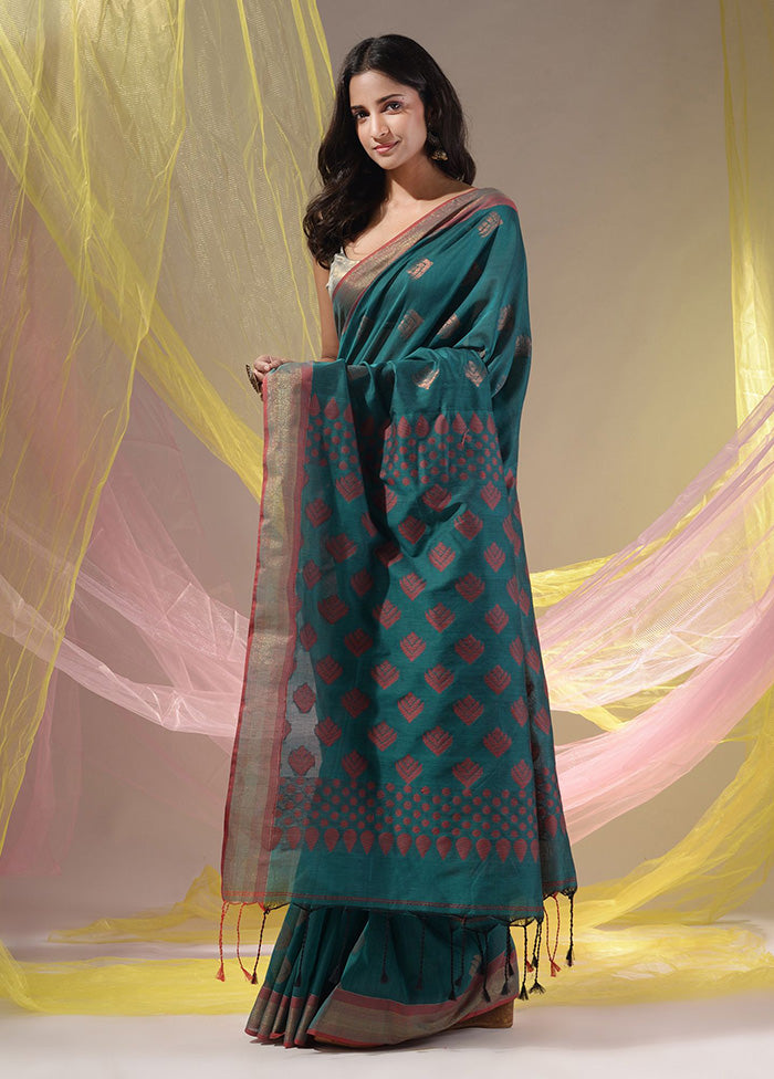 Teal Spun Silk Saree With Blouse Piece - Indian Silk House Agencies