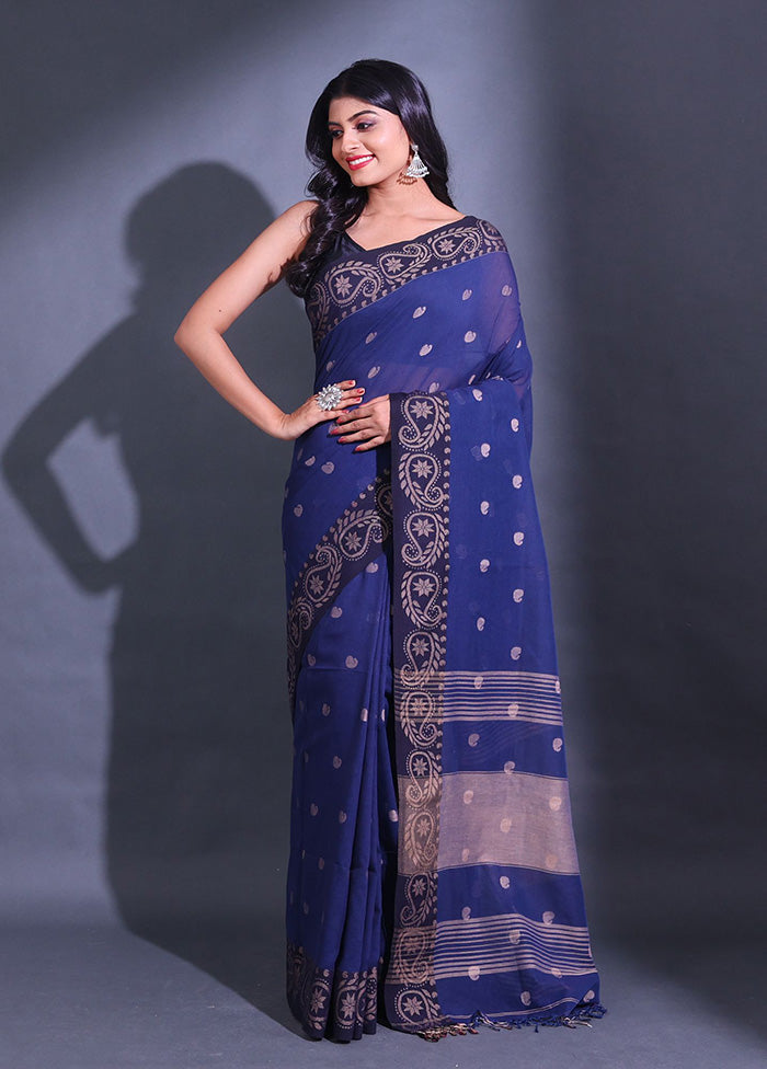 Blue Pure Cotton Saree With Blouse Piece - Indian Silk House Agencies