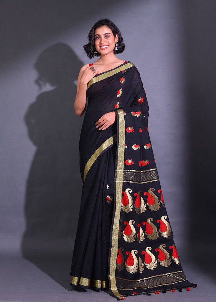 Black Pure Cotton Saree With Blouse Piece - Indian Silk House Agencies