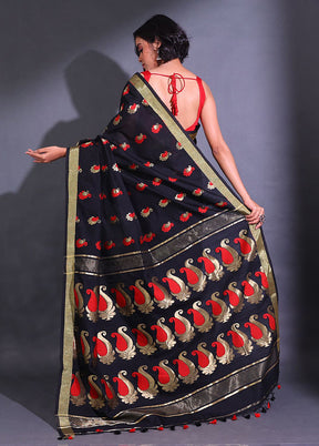 Black Pure Cotton Saree With Blouse Piece - Indian Silk House Agencies