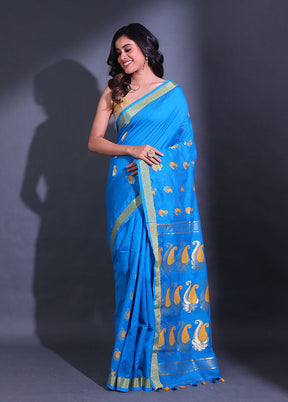 Blue Pure Cotton Saree With Blouse Piece - Indian Silk House Agencies