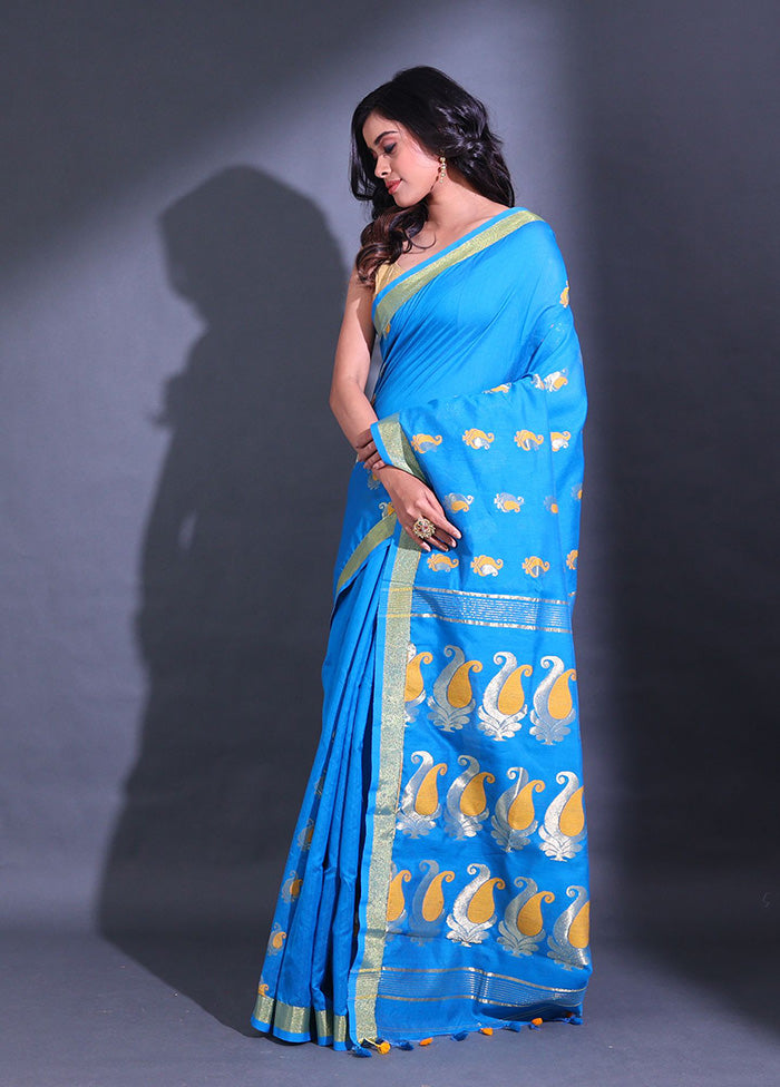 Blue Pure Cotton Saree With Blouse Piece - Indian Silk House Agencies