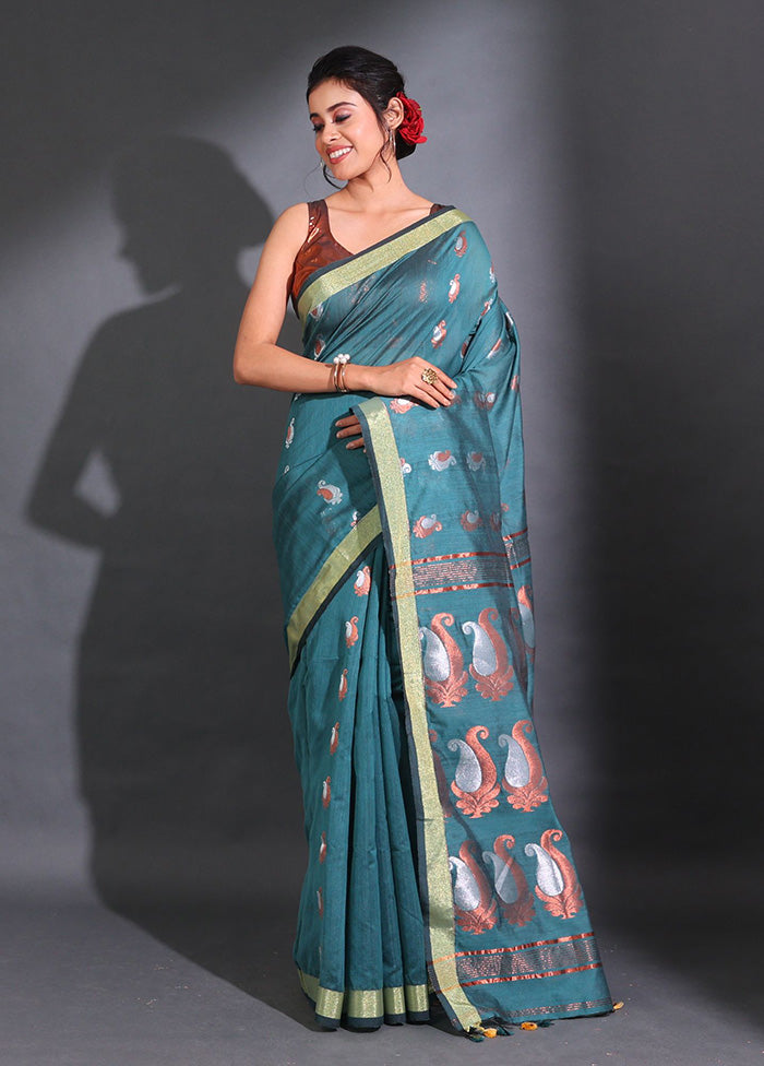 Teal Pure Cotton Saree With Blouse Piece - Indian Silk House Agencies