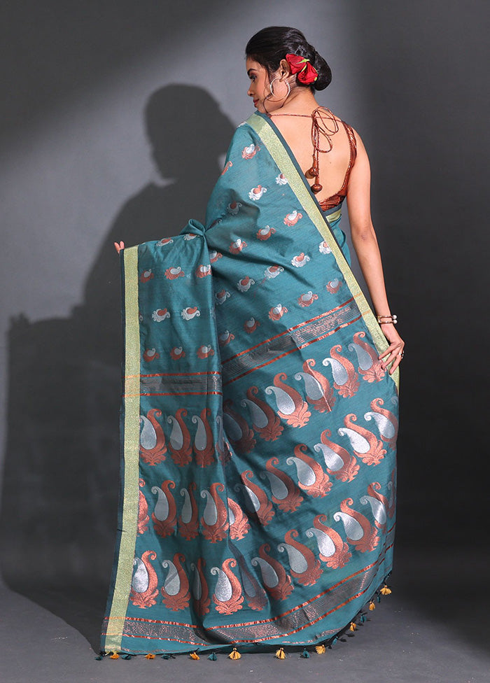 Teal Pure Cotton Saree With Blouse Piece - Indian Silk House Agencies