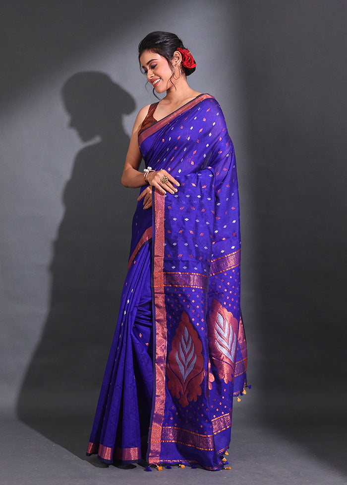 Blue Pure Cotton Saree With Blouse Piece - Indian Silk House Agencies