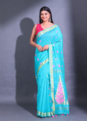 Blue Pure Cotton Saree With Blouse Piece - Indian Silk House Agencies