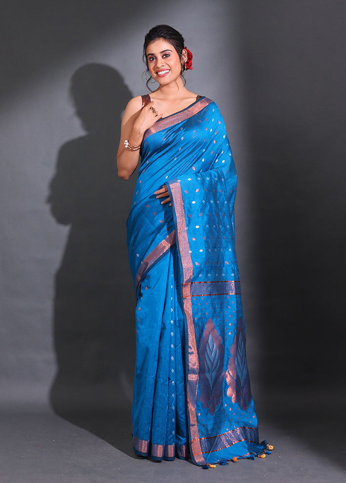 Blue Pure Cotton Saree With Blouse Piece - Indian Silk House Agencies