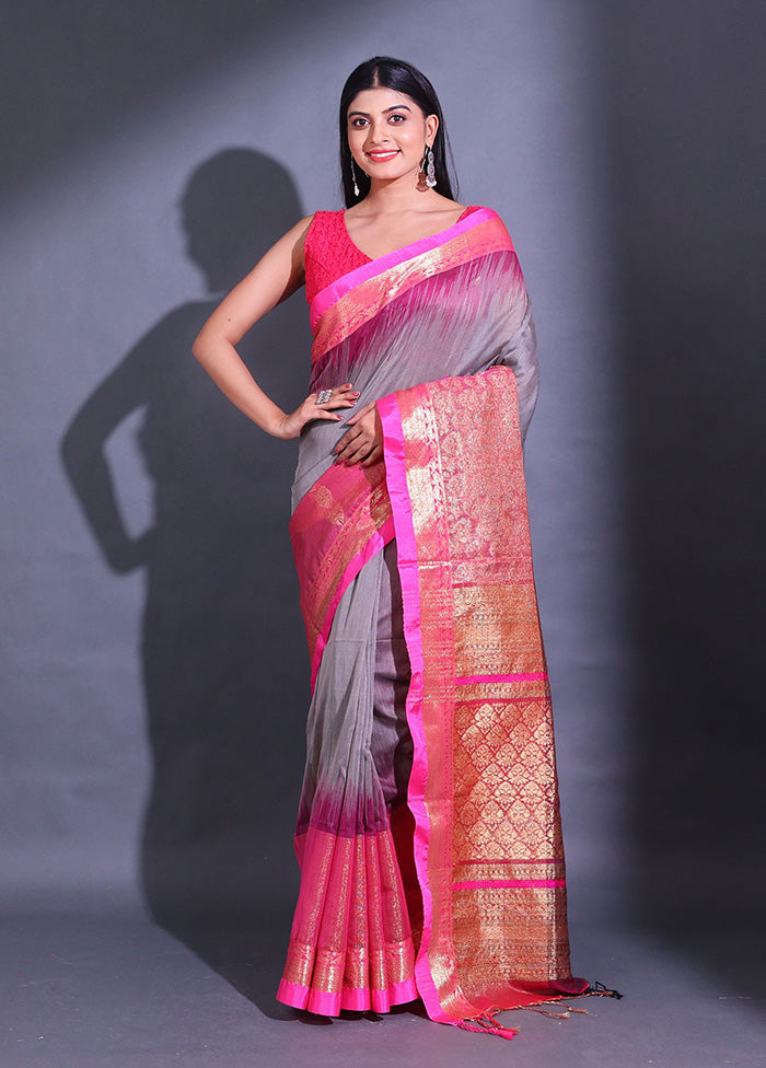 Grey Pure Cotton Saree With Blouse Piece - Indian Silk House Agencies