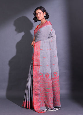 Grey Pure Cotton Saree With Blouse Piece - Indian Silk House Agencies