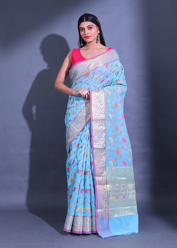 Blue Pure Cotton Saree With Blouse Piece - Indian Silk House Agencies