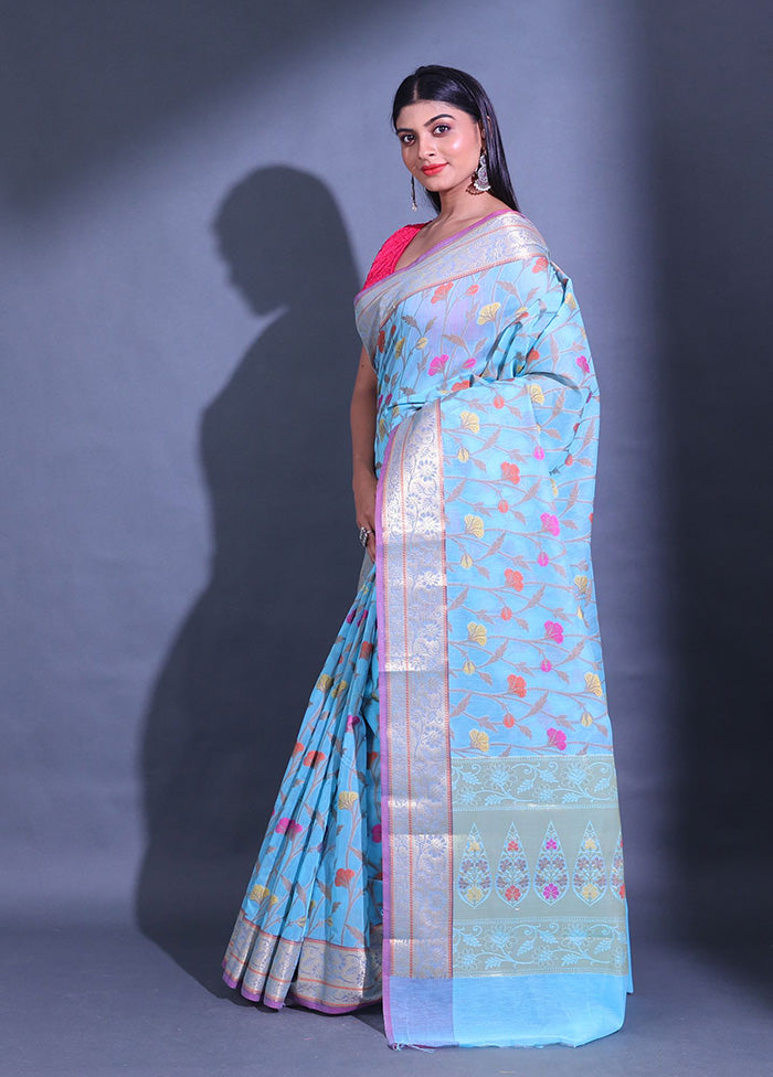 Blue Pure Cotton Saree With Blouse Piece - Indian Silk House Agencies