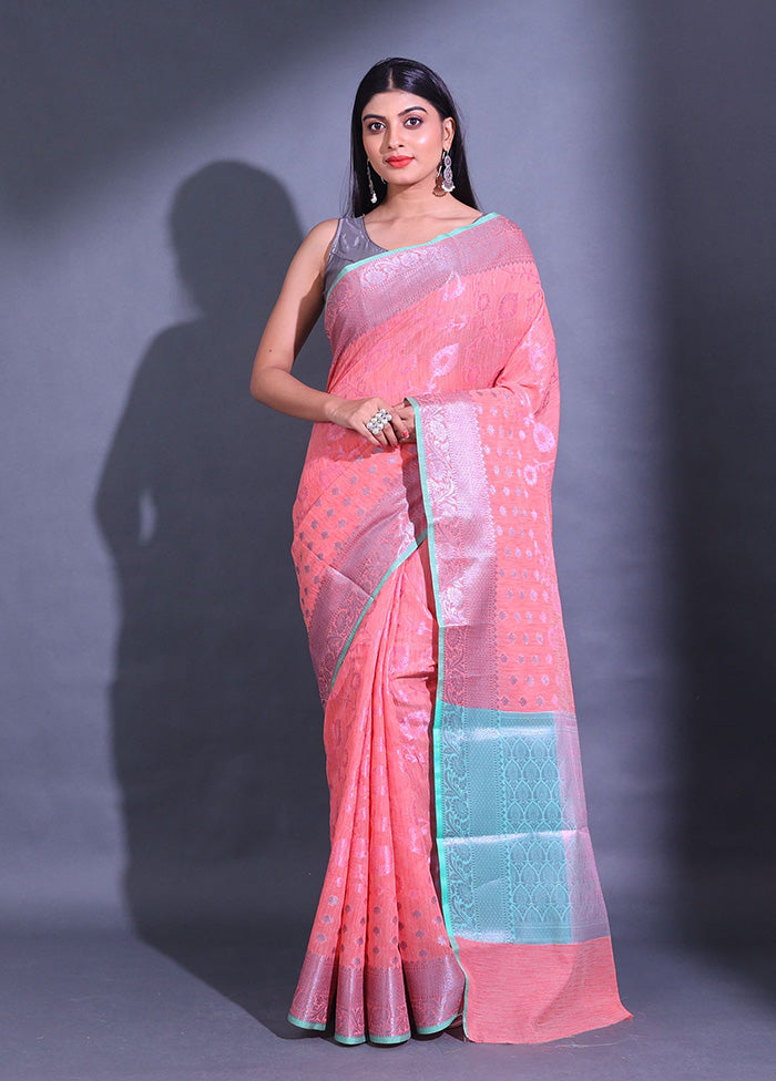 Peach Pure Cotton Saree With Blouse Piece - Indian Silk House Agencies