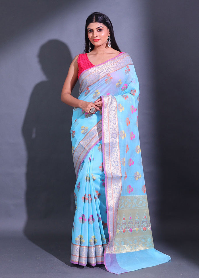 Blue Pure Cotton Saree With Blouse Piece - Indian Silk House Agencies