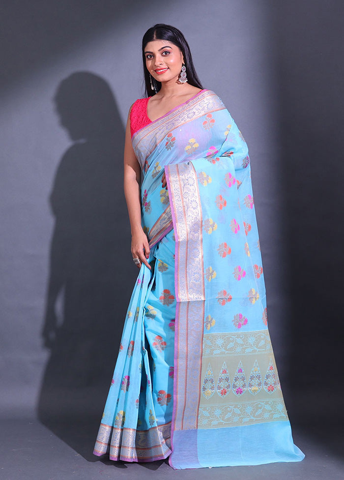 Blue Pure Cotton Saree With Blouse Piece - Indian Silk House Agencies