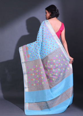 Blue Pure Cotton Saree With Blouse Piece - Indian Silk House Agencies