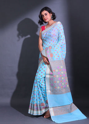 Blue Pure Cotton Saree With Blouse Piece - Indian Silk House Agencies