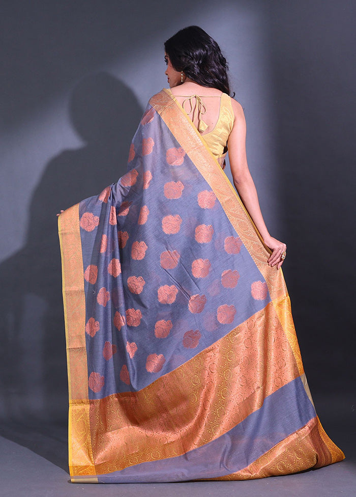 Grey Pure Cotton Saree With Blouse Piece - Indian Silk House Agencies