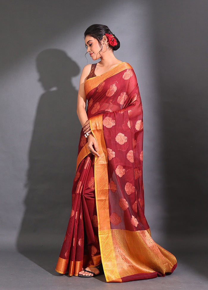 Maroon Pure Cotton Saree With Blouse Piece - Indian Silk House Agencies