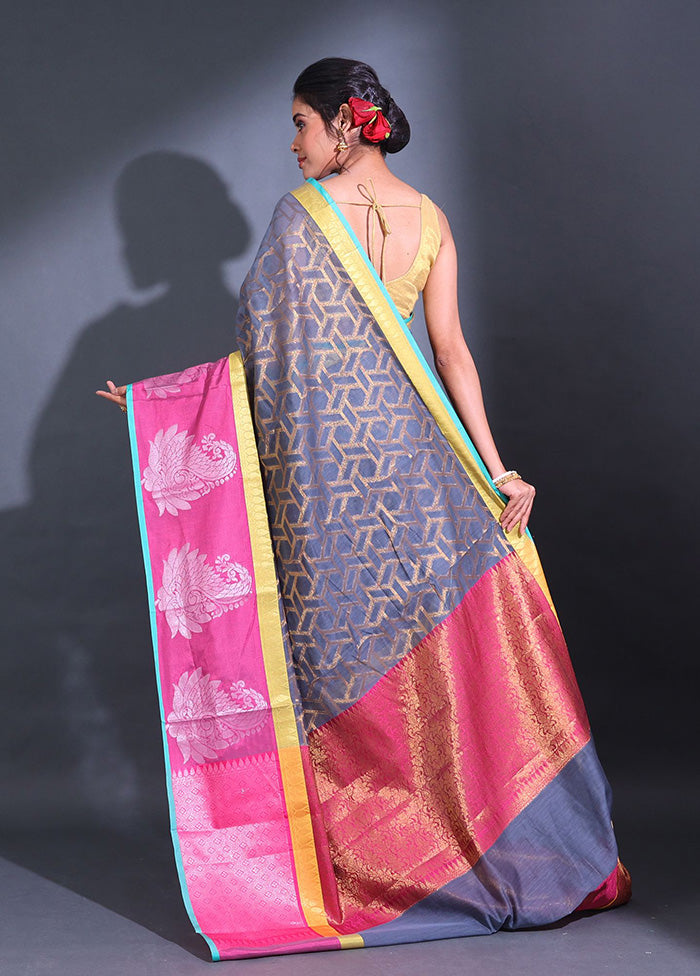 Grey Pure Cotton Saree With Blouse Piece - Indian Silk House Agencies