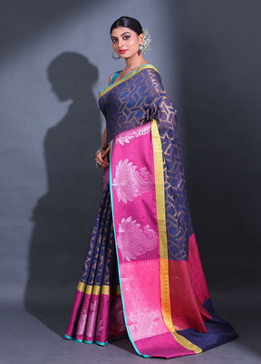 Navy Blue Pure Cotton Saree With Blouse Piece - Indian Silk House Agencies