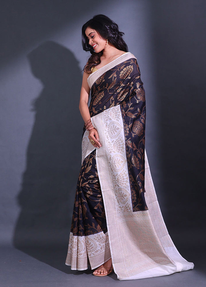 Black Spun Silk Saree With Blouse Piece - Indian Silk House Agencies