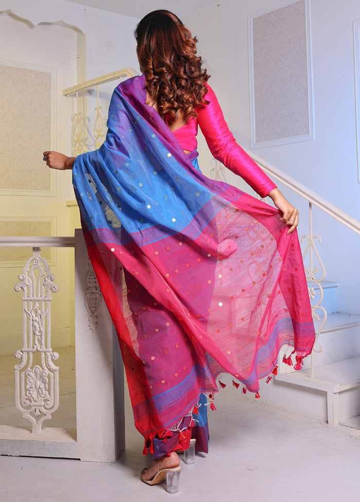 Sky Blue Cotton Saree With Blouse Piece - Indian Silk House Agencies