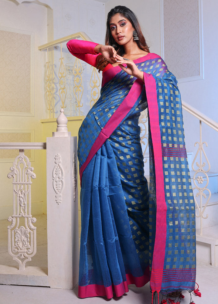 Blue Cotton Saree With Blouse Piece - Indian Silk House Agencies