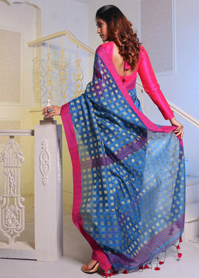 Blue Cotton Saree With Blouse Piece - Indian Silk House Agencies