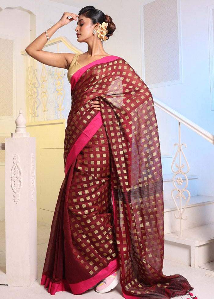 Maroon Cotton Saree With Blouse Piece - Indian Silk House Agencies